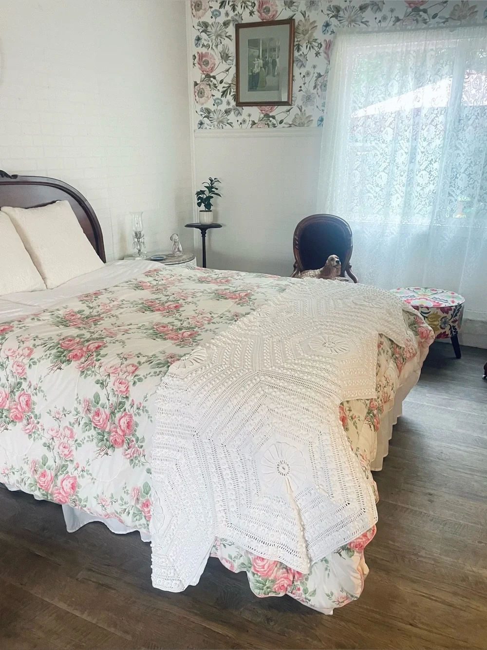 Vintage Afghan Crochet Popcorn Raised Floral White Cotton Handmade 52x104